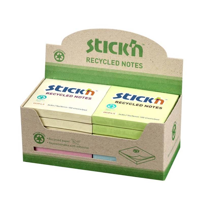 Notes Stick'N Recycled 4 ass. farver 76x76mm 100blade 12stk