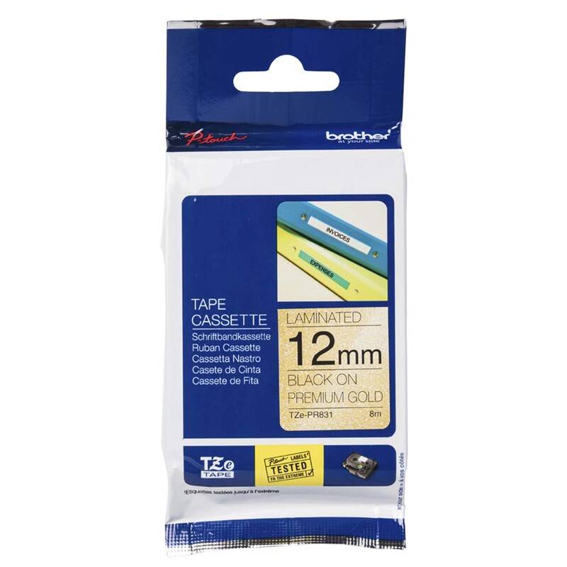 Labeltape Brother TZePR831 12mmx8m sort p&aring; guld lamineret