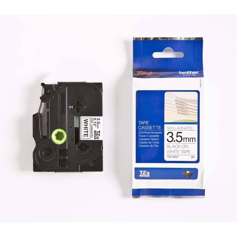 Labeltape Brother TZe-N201 3,5mmx8mm sort p&aring; hvid ulamineret