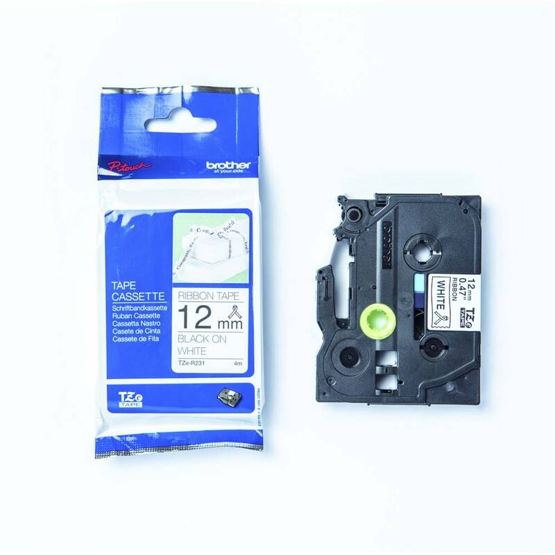 Labeltape Brother TZe-R231 12mmx4mm sort p&aring; hvid satin