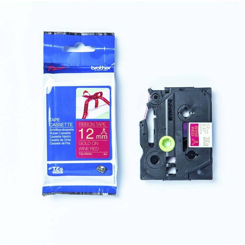 Labeltape Brother TZe-RW34 12mmx4m guld p&aring; vinr&oslash;d satin