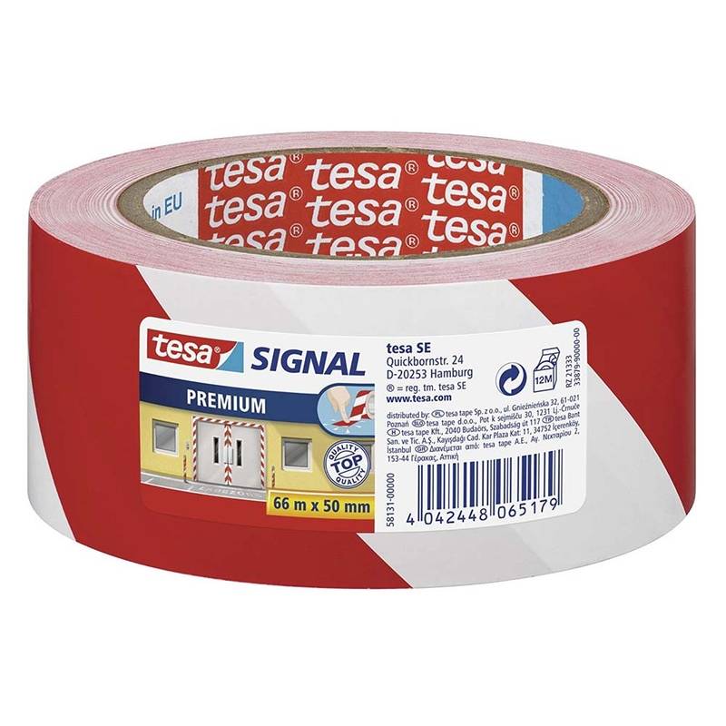 Tape tesa advarselstape PVC 50mmx66m r&oslash;d/hvid