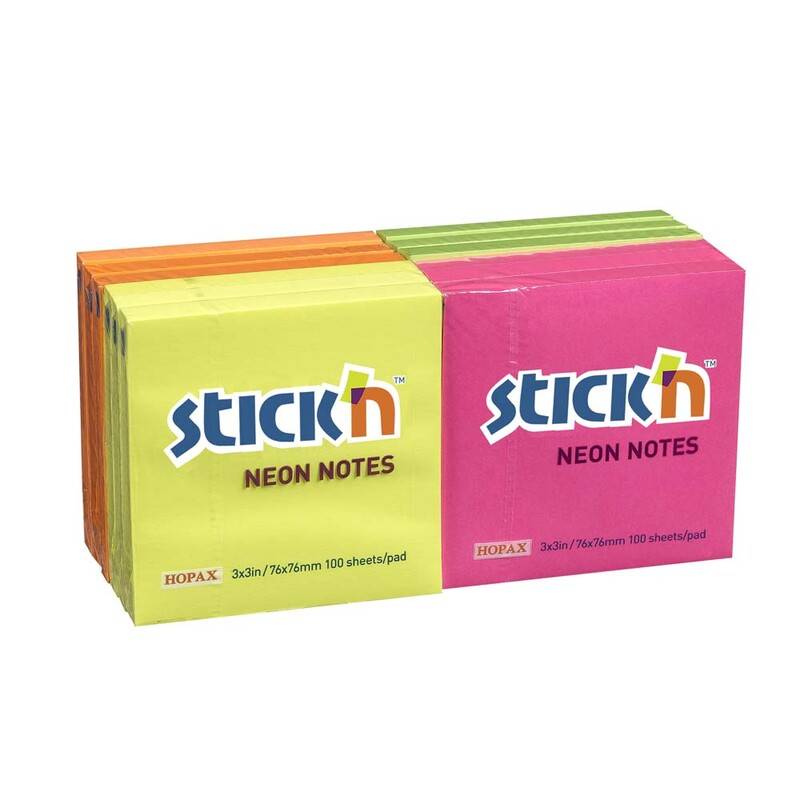 Notes Stick'N Neon gul, gr&oslash;n, orange og pink 76x76mm 12blk/pak