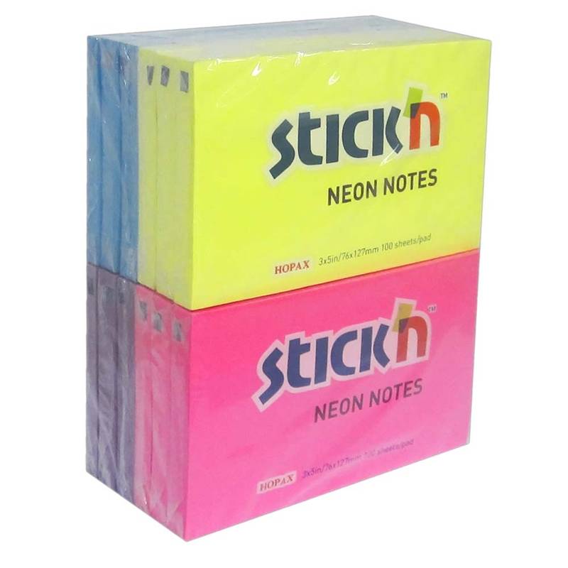 Notes Stick'N Neon gul, bl&aring;, magenta, lilla 76x127mm 12blk