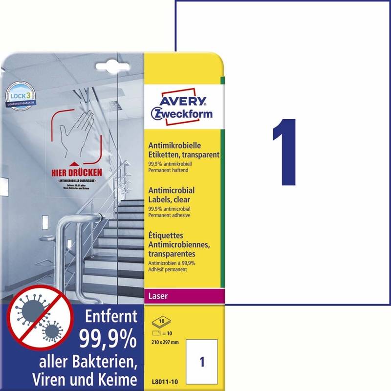 Laseretiket Avery antimicrobiel 210x297mm klar 1/ark 10ark/pk