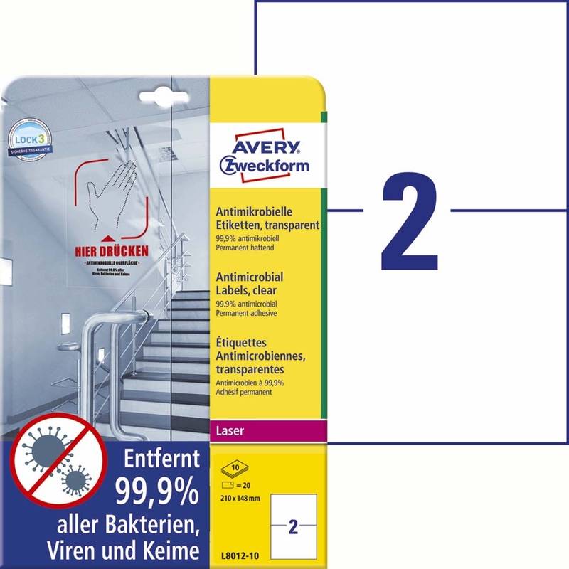 Laseretiket Avery antimicrobiel 210x148mm klar 2/ark 10ark/pk