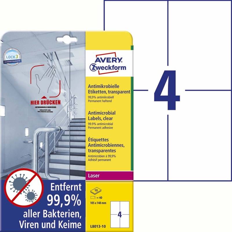 Laseretiket Avery antimicrobiel 105x148mm klar 4/ark 10ark/pk