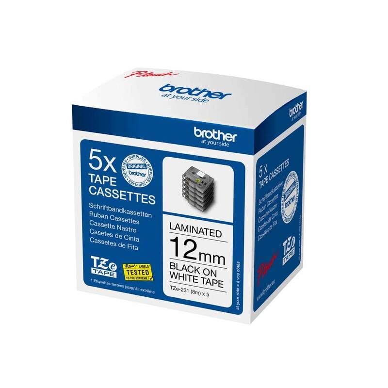 Labeltape Brother TZe-231M5 12mmx8m sort p&aring; hvid lamineret 5-pak