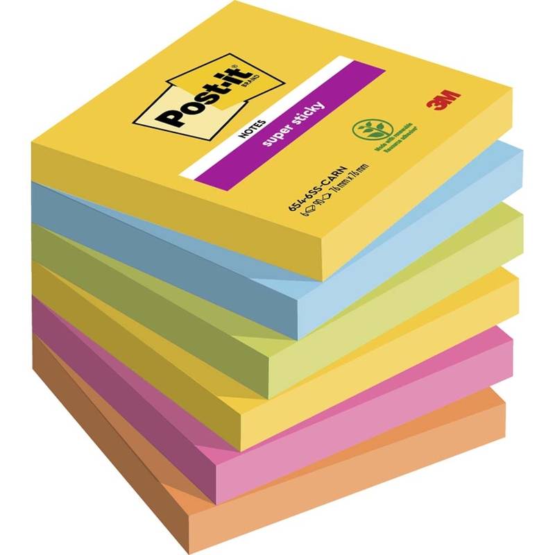 Post-it Super Sticky Notes 76mmx76mm 90ark/blk 6blk/pak Carnival farve