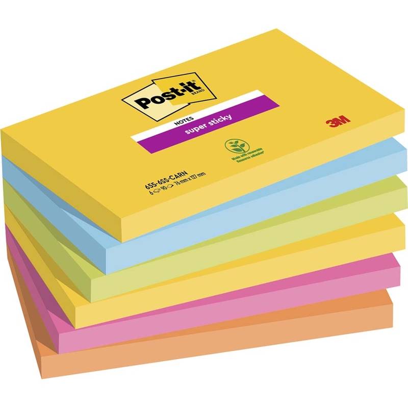 Post-it Super Sticky Notes 76mmx127mm 90ark/blk 6blk/pak Carnival farv