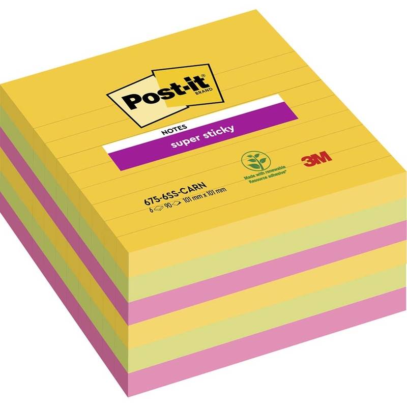 Post-it Super Sticky Notes linjerede 101mmx101mm 90ark/blk 6blk/pak Ca