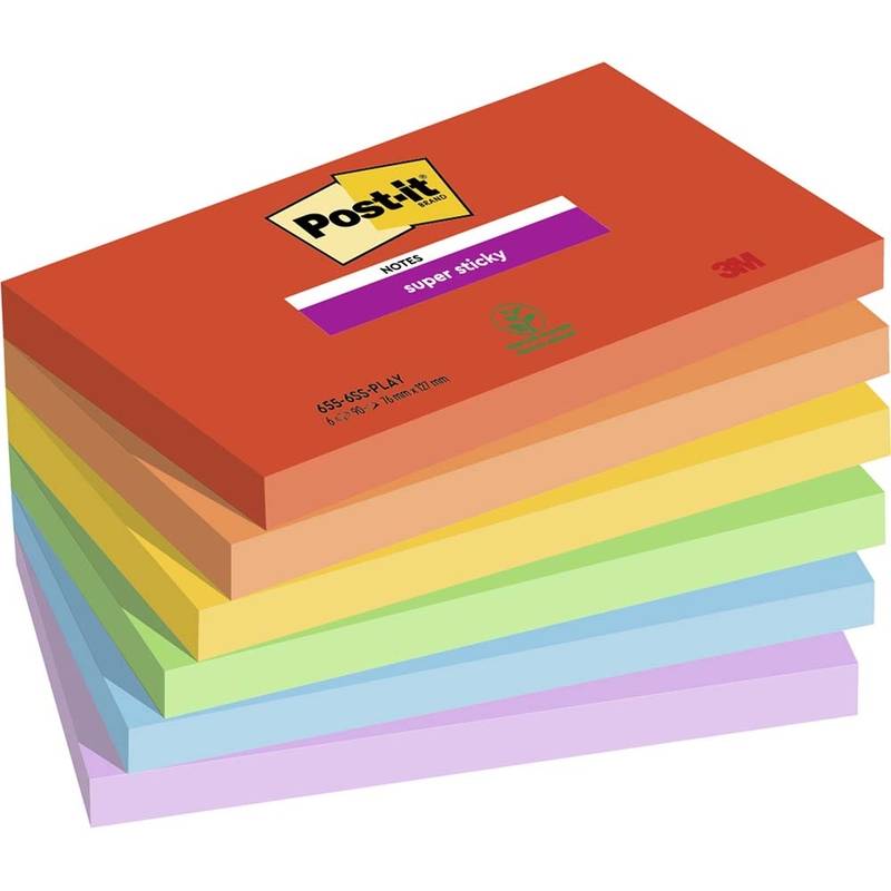 Post-it Super Sticky Notes 76mmx127mm 90ark/blk 6blk/pak Playful farve