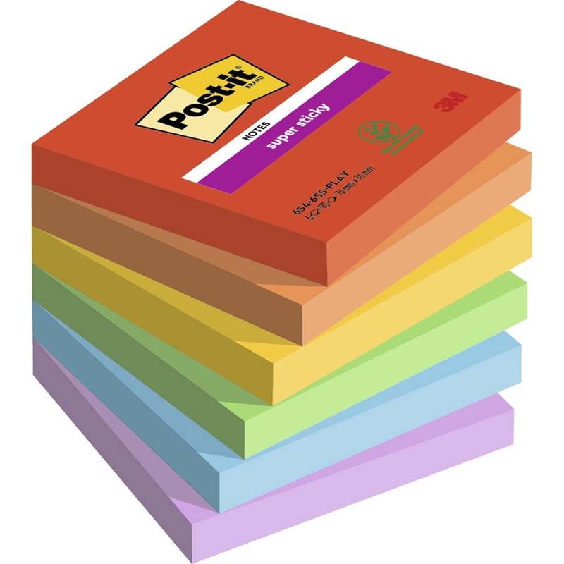 Post-it Super Sticky Notes 76mmx76mm 90ark/blk 6blk/pak Playful farvek