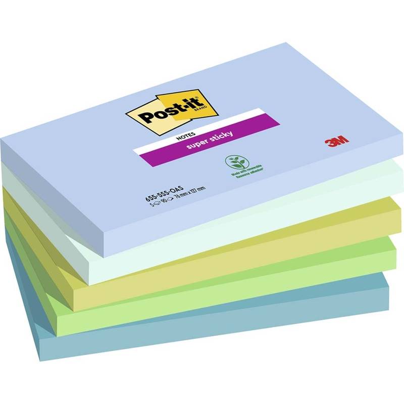 Post-it Super Sticky Notes 76mmx127mm 90ark/blk 5blk/pak Oasis farveko