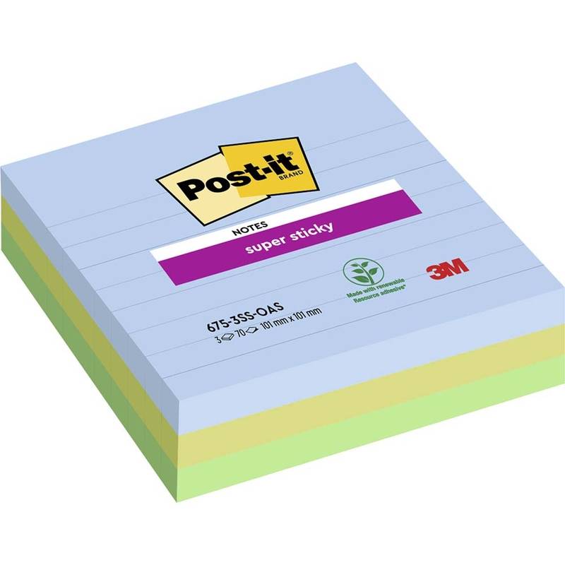 Post-it Super Sticky Notes linjerede 101mmx101mm 70ark/blk 3blk/pak Oa