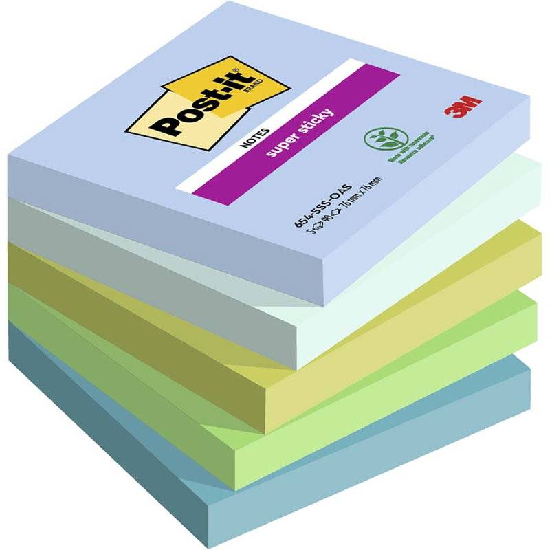 Post-it Super Sticky Notes 76mmx76mm 90ark/blk 5blk/pak Oasis farvekol
