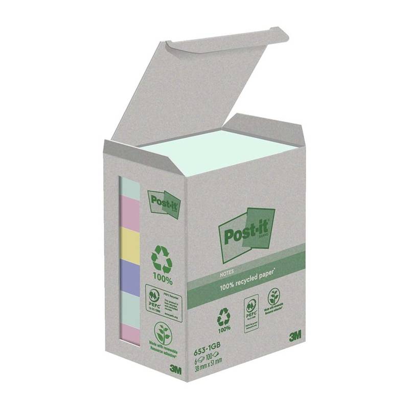 Post-it Recycled Notes 38mmx51mm 100ark/blk 6blk/pak assorterede farve