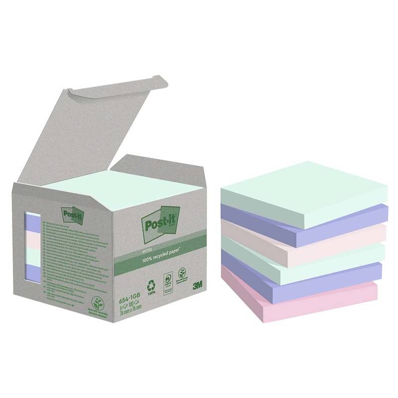 Post-it Recycled Notes 76mmx76mm 100ark/blk 6blk/pak assorterede farve