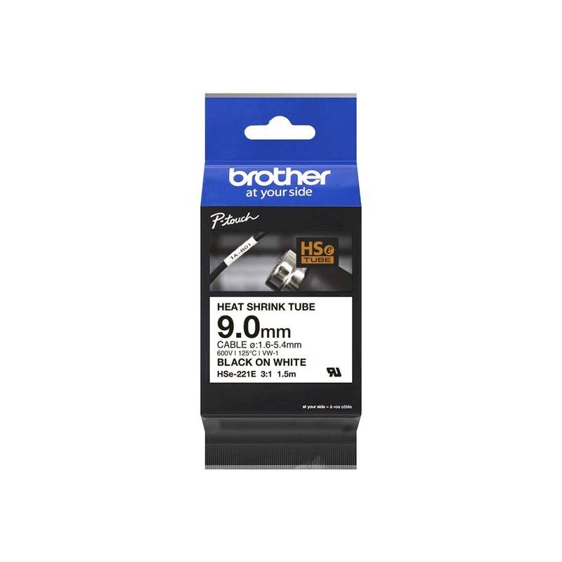 Labeltape Brother HSe-221E 9mmx1,5m sort p&aring; hvid krympeflextape