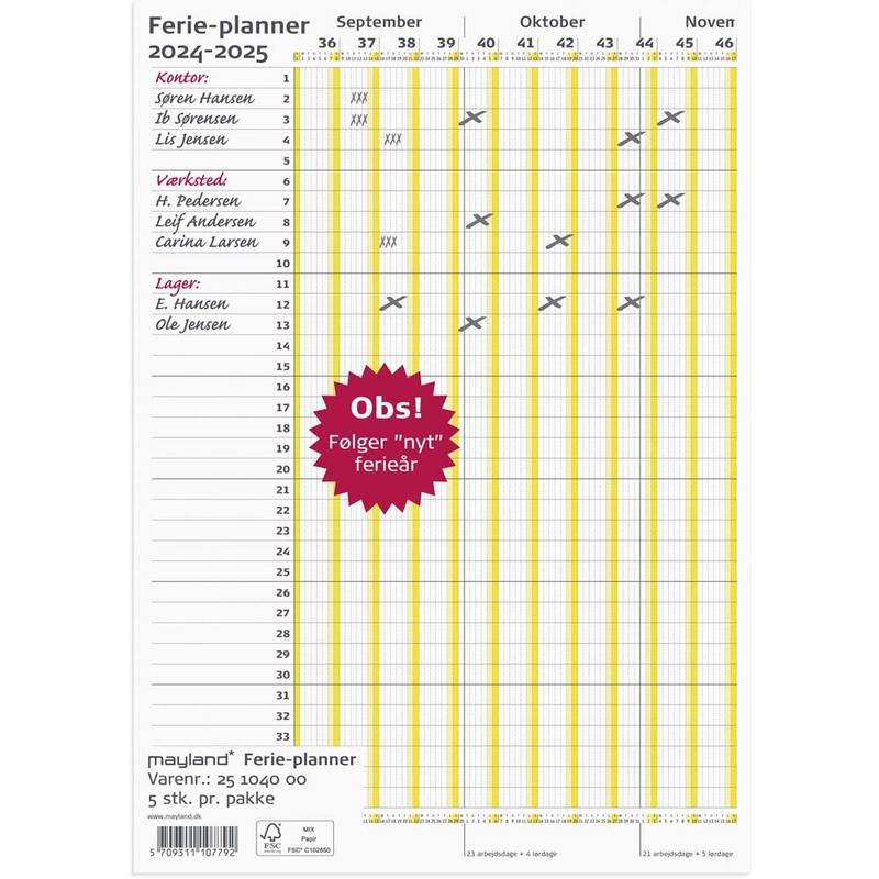Ferie Planner 2024/2025 25 1040 00 Kalender Mayland &aring;r: 2024/2025