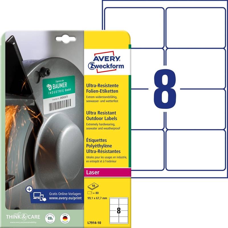 Laseretiket Avery L7914-10 ekstrem slidst&aelig;rk 99,1x67,7mm 8stk/ark 10ar