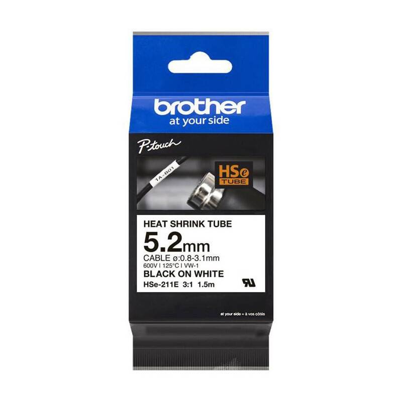 Labeltape Brother HSE211E 5,8mm sort p&aring; hvid
