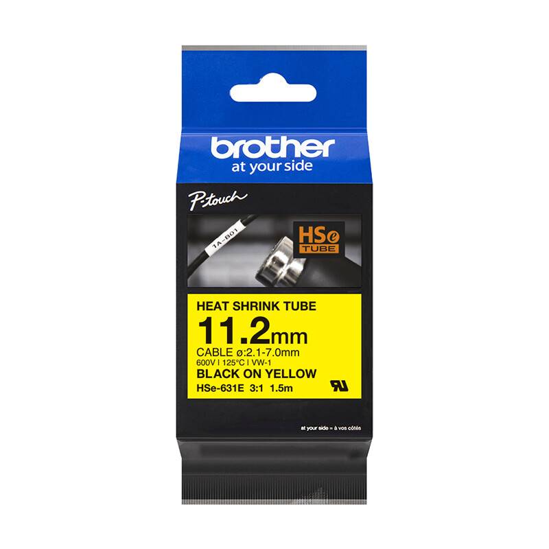 Labeltape Brother HSE231E 11,2mm sort p&aring; gul