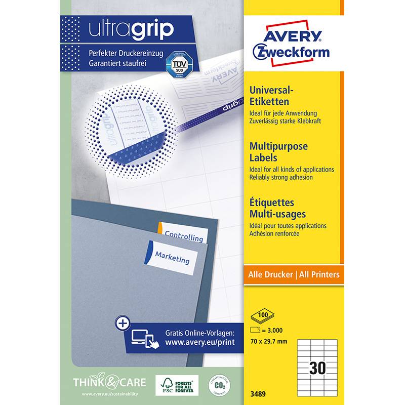 Universaletiket Avery 3489 70x29,7mm 3000stk/pak
