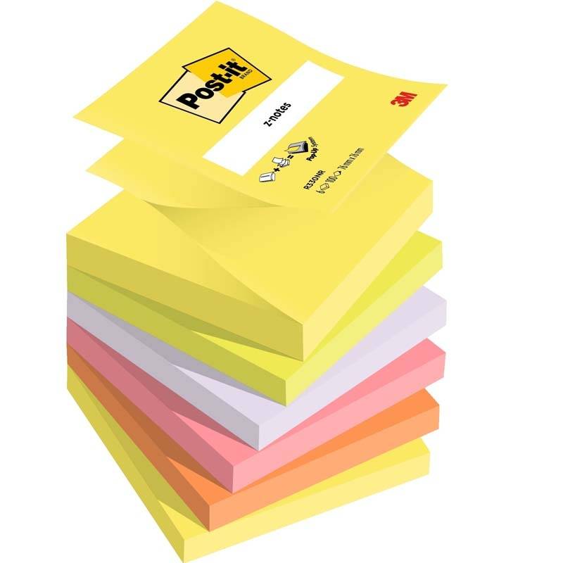 Post-it blok z-notes 76x76mm R330 gul, orange, gr&oslash;n, lyser&oslash;d, lilla 6b