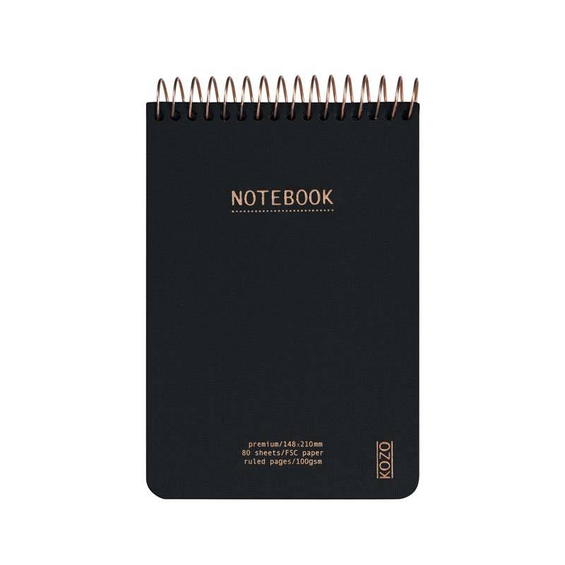 Notesbog KOZO A6 Premium sort linieret 80 sider 100g