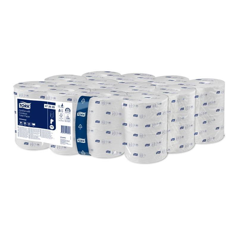 Toiletpapir Tork OptiServe T7 1-lags hvid u/hylse 143,8m 24rul/kar 472