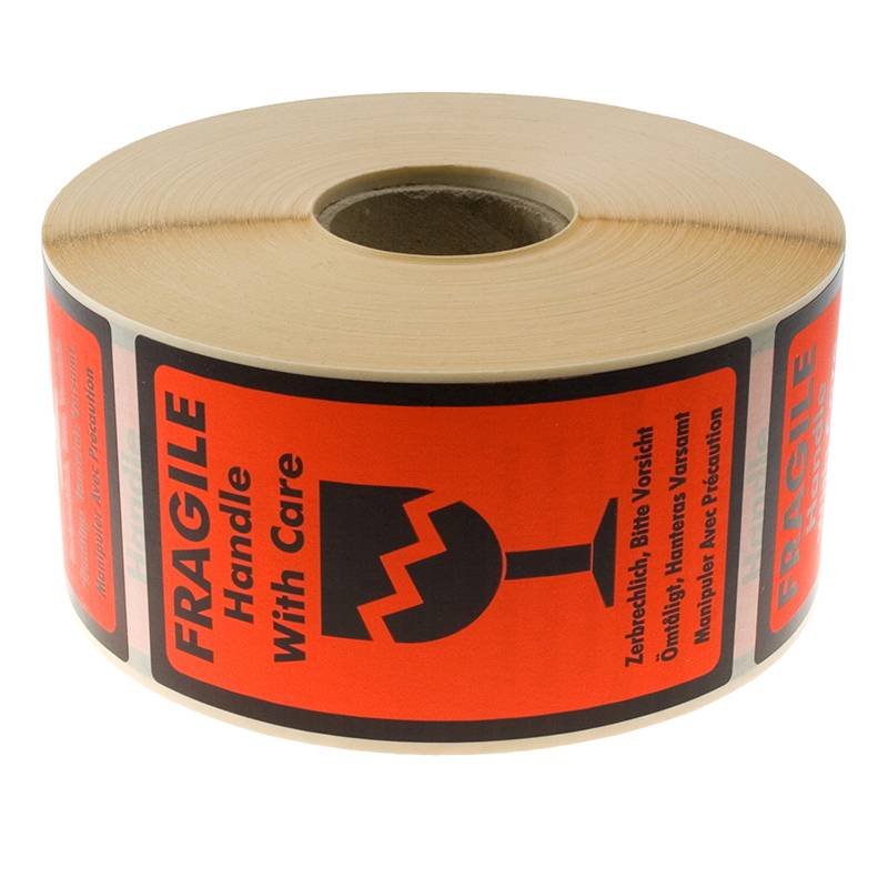 Etiket m/tekst Fragile Handle with care 120x70mm 1000stk/rul