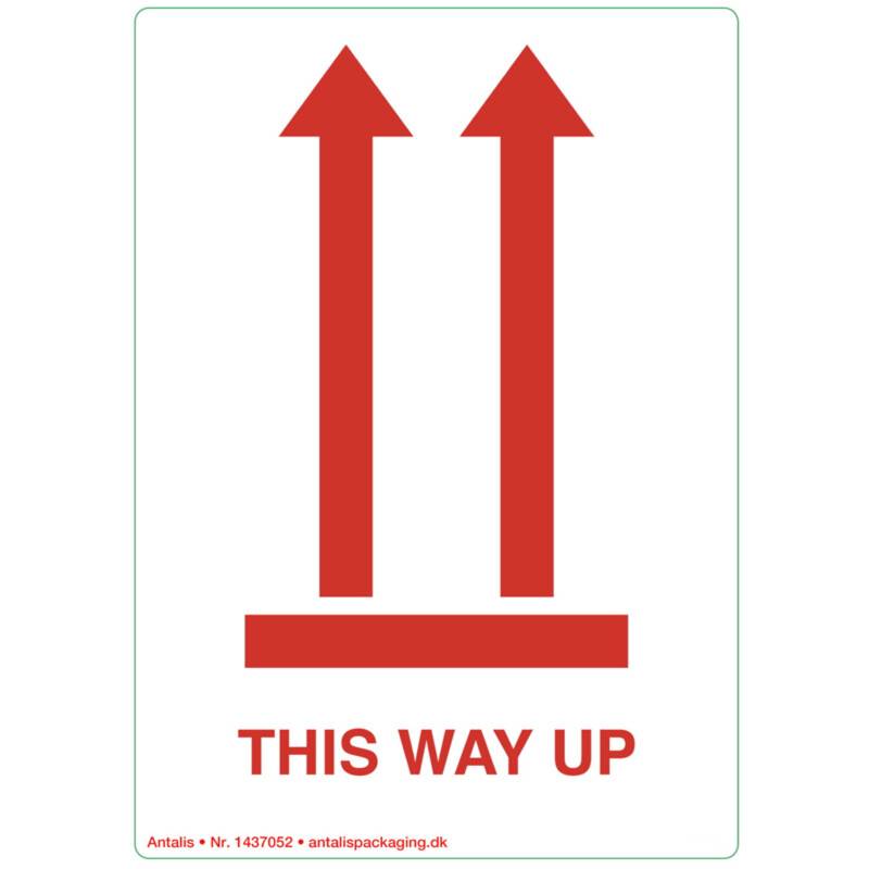 Etiketter selvkl&aelig;bende tryk:This way up 120x86mm 500stk/rul