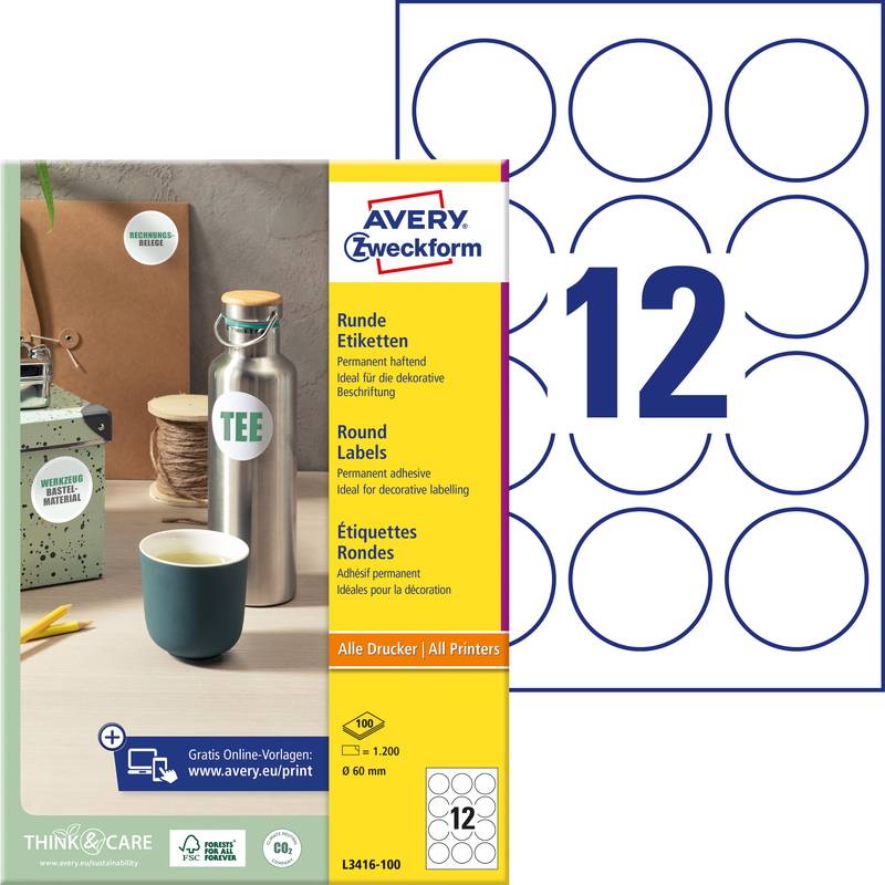 Etiket &oslash;60mm hvid 12stk/ark 100ark/pk L3416-100