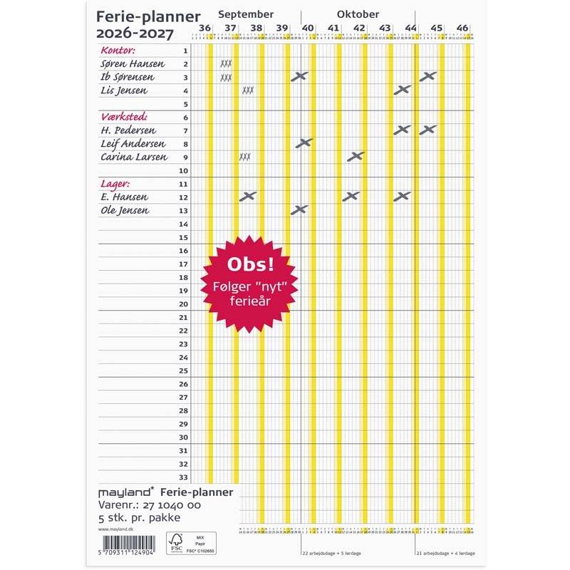Ferie Planner 2026/2027 Kalender Mayland Holiday &aring;r: 2026/2027 hvid