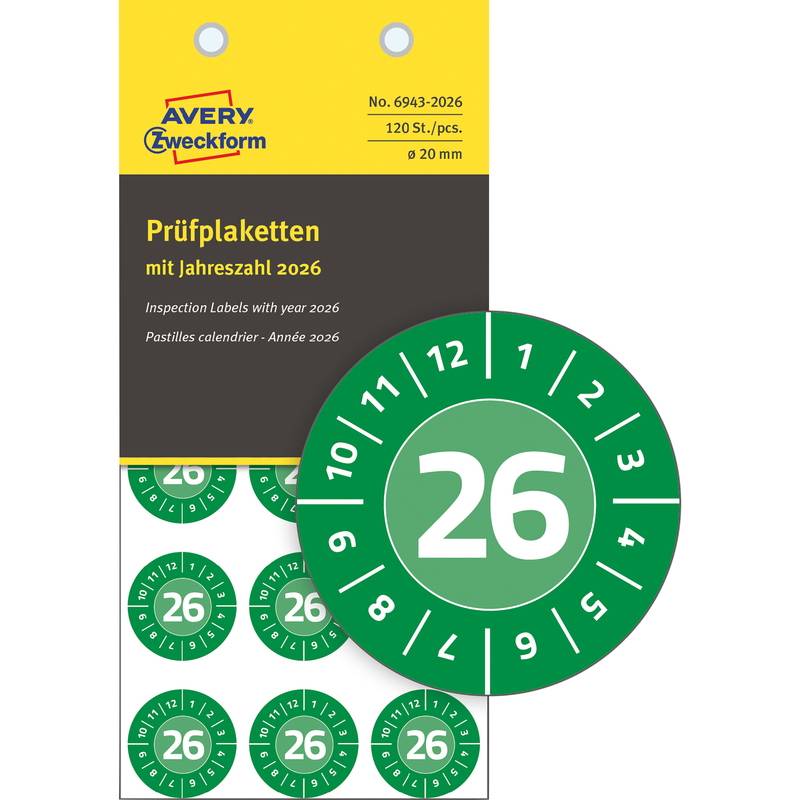 Inspektionsetiketter 2026, 6943-2026 Avery 20x20mm gr&oslash;n pakke a 8 stk
