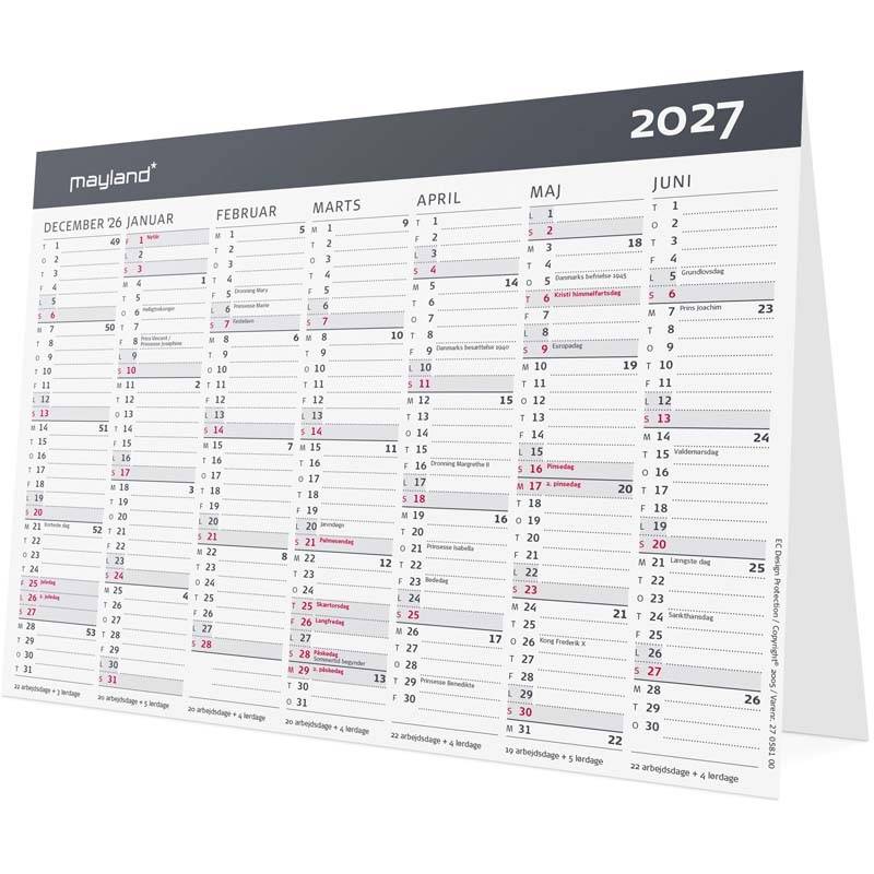 Bordkalender, Mayland, MODERNE, 209 x147mm &aring;r: 2027, Flerfarvet,