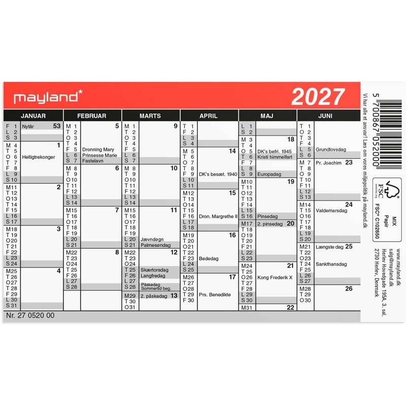 Lommekalender, Mayland Mini, Mini, 118 x70mm &aring;r: 2027, Flerfarvet,
