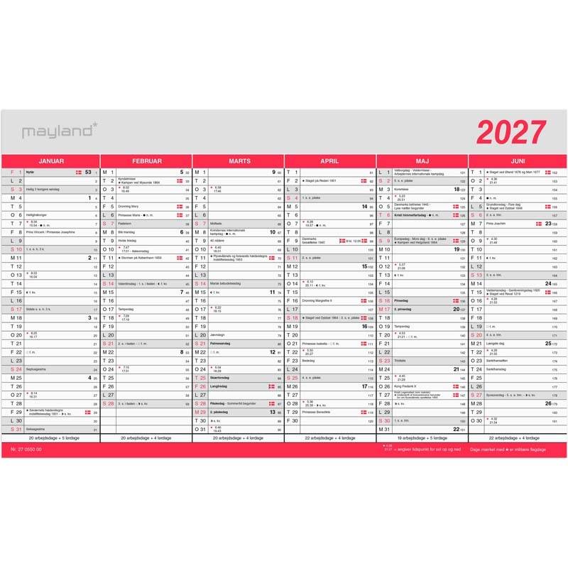 V&aelig;gkalender, Mayland, Stor m/flagdage 388x239mm &aring;r: 2027, Flerfarvet,