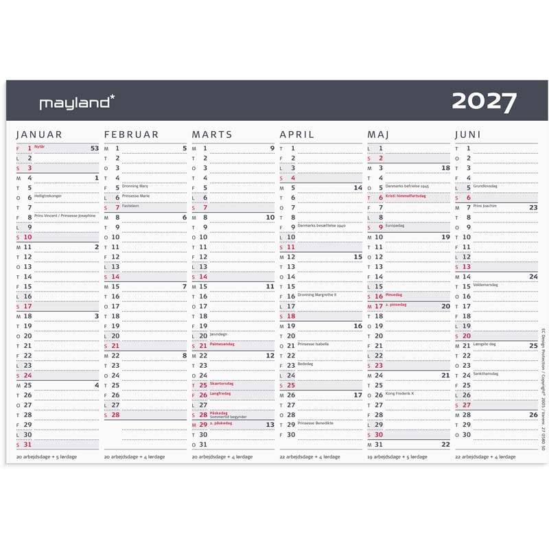 V&aelig;gkalender, Mayland, MODERNE, 209x147mm &aring;r: 2027, Flerfarvet,