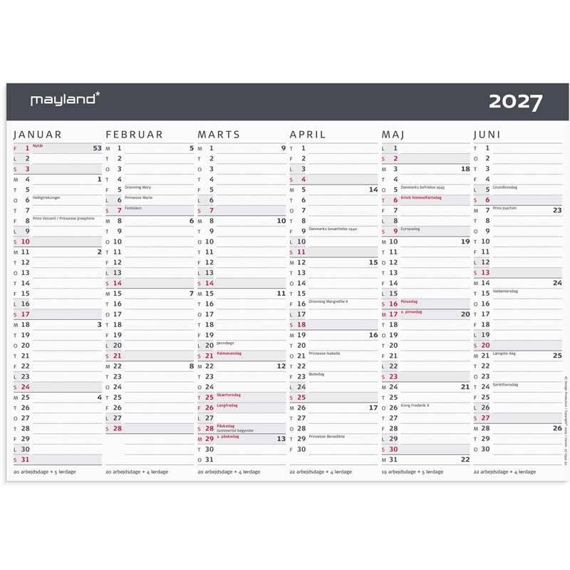 V&aelig;gkalender, Mayland, MODERNE, A4, 297 x210mm &aring;r: 2027, Flerfarvet,