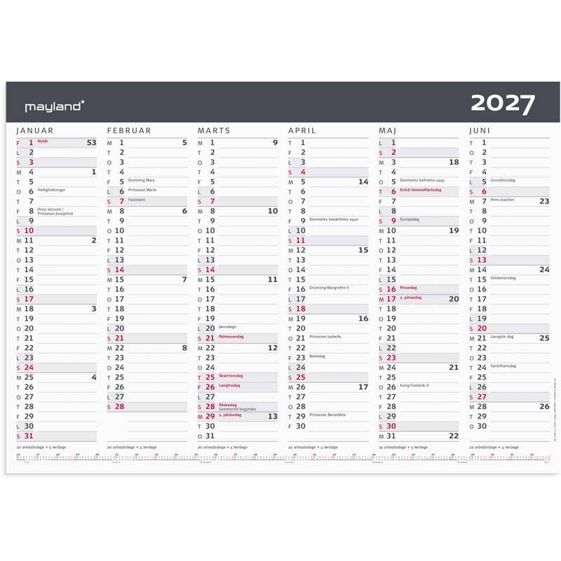 V&aelig;gkalender, Mayland, MODERNE, 419x297mm &aring;r: 2027, Flerfarvet,