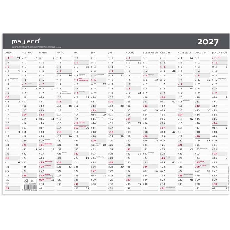 V&aelig;gkalender, Mayland, MODERNE, 419x297mm &aring;r: 2027, Flerfarvet,