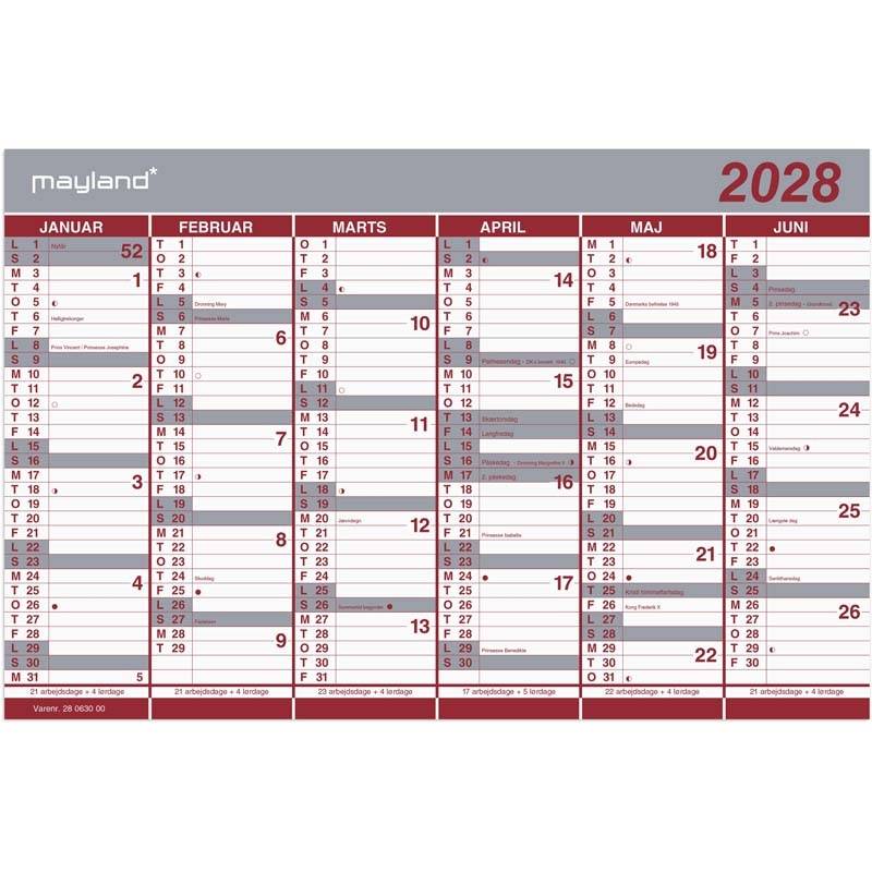 V&aelig;gkalender, Mayland k&aelig;mpe, 439x290mm &aring;r: 2028, Flerfarvet,