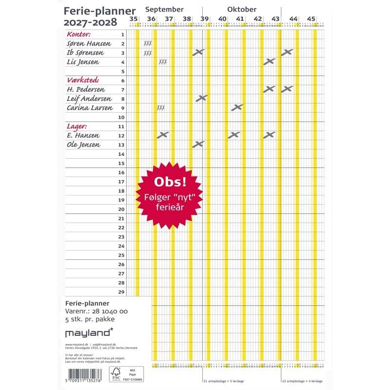 &Aring;rskalender, Mayland Ferie Planner, A4 210x297mm &aring;r: 2027/2028, Flerfarvet,