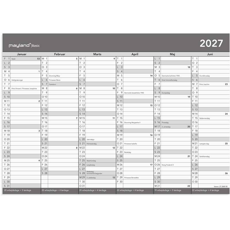 V&aelig;gkalender, Mayland, 292x210mm &aring;r: 2027, Gr&aring;,