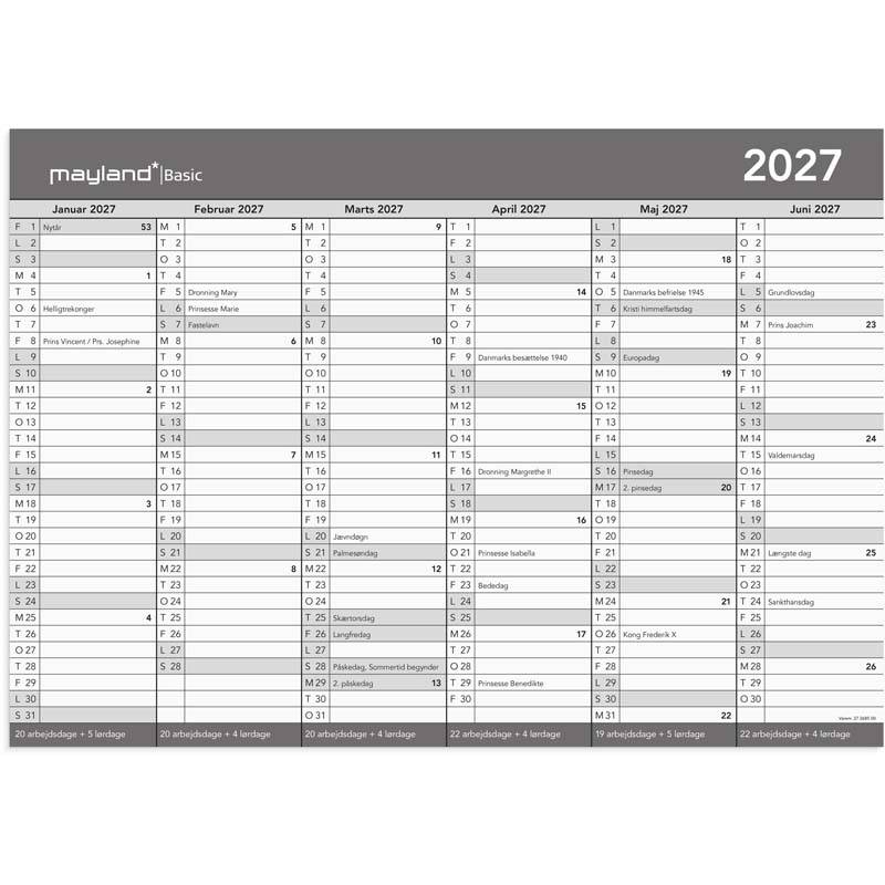 V&aelig;gkalender, Mayland, 418x297mm &aring;r: 2027, Gr&aring;,