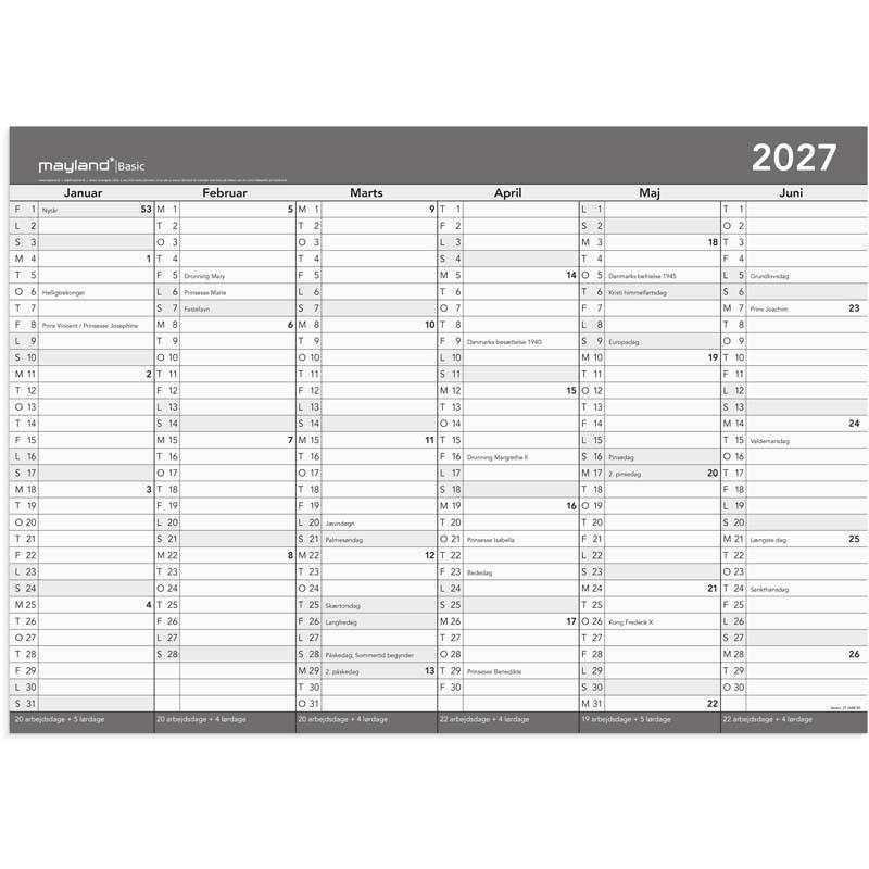 V&aelig;gkalender, Mayland, 417x796mm &aring;r: 2027, Gr&aring;,