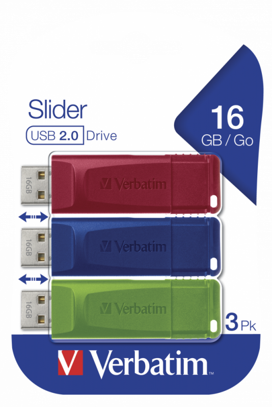 Store &acute;N&acute; Go Slider USB Drive 16GB (3-pack) Red/Blue/Green