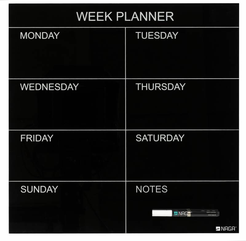 45 x 45 cm. Black. Glass week planner English 45 x 45 cm. Black. Glass week planner English